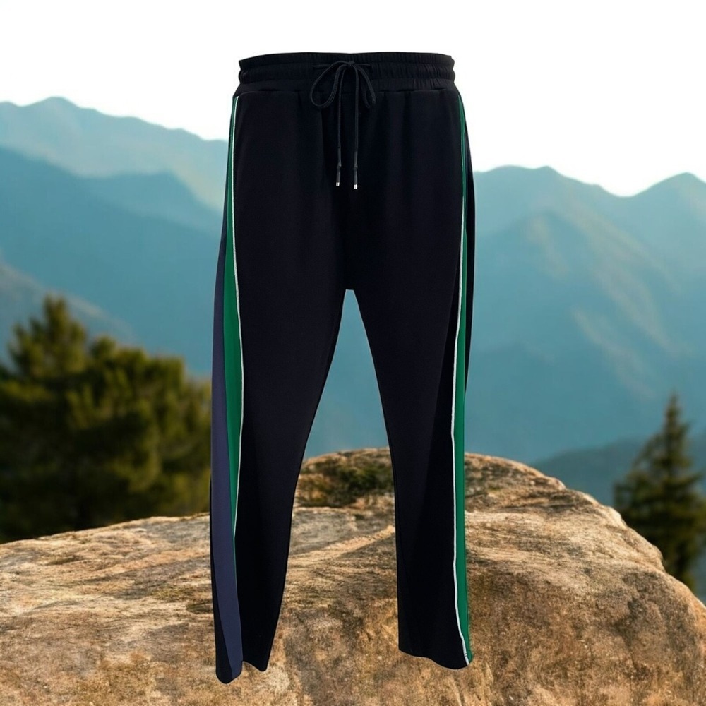 Karl Lagerfeld Paris Black Jogger Pants With Green & Purple Side Stripes Drawstr